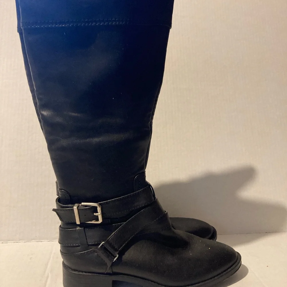 Black Leather Knee-High Double Buckle Boots Size 6